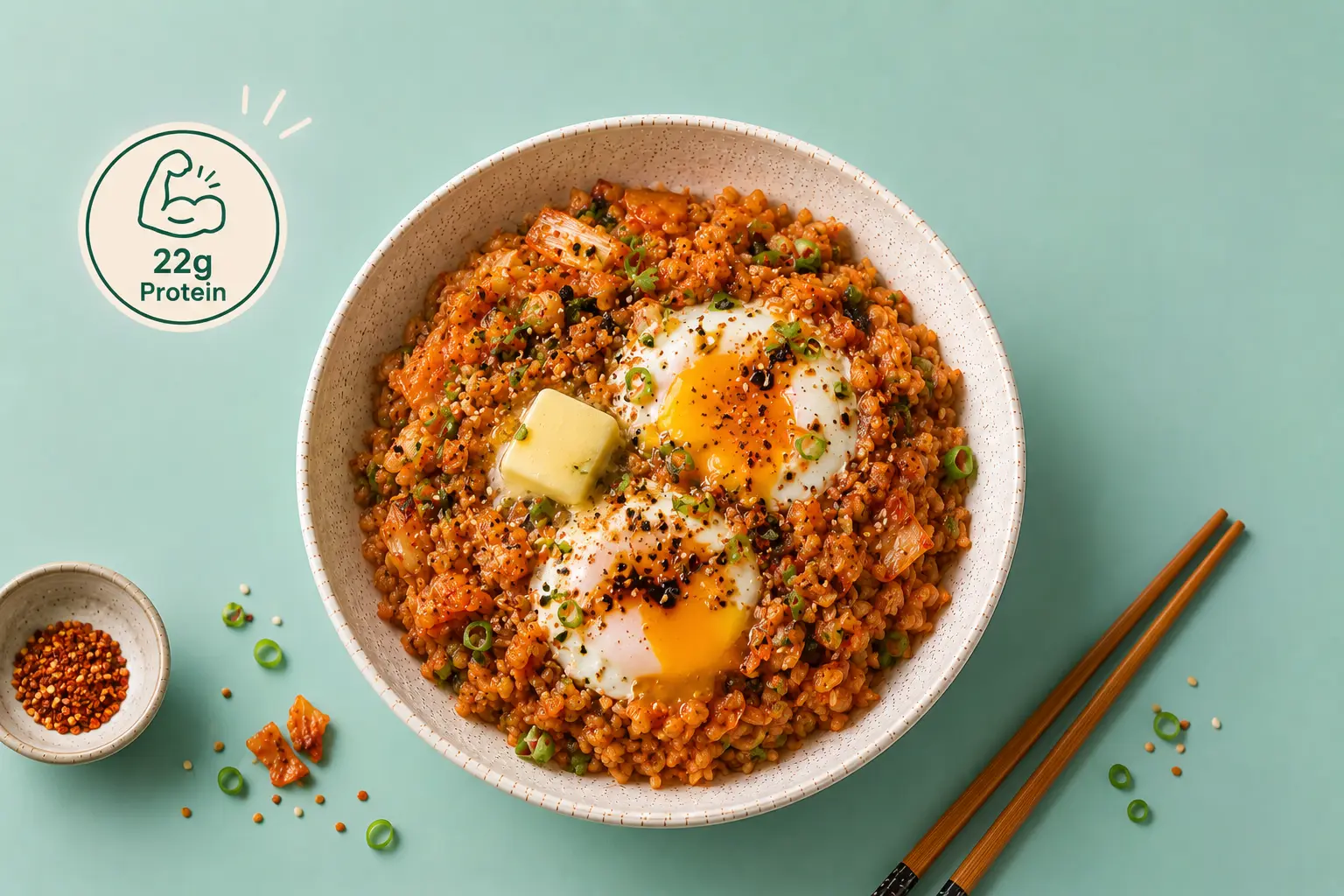 Kimchi Fried Rice with Soft Eggs (22g Protein)