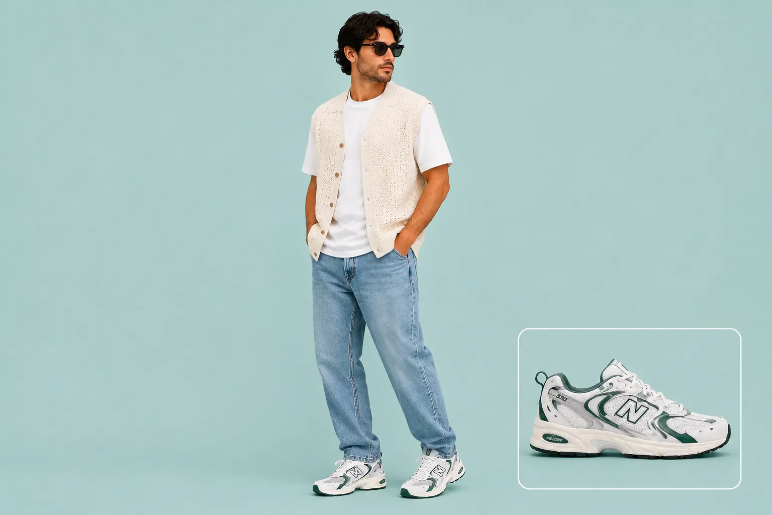 New Balance 530 outfit with white tee and relaxed jeans for men