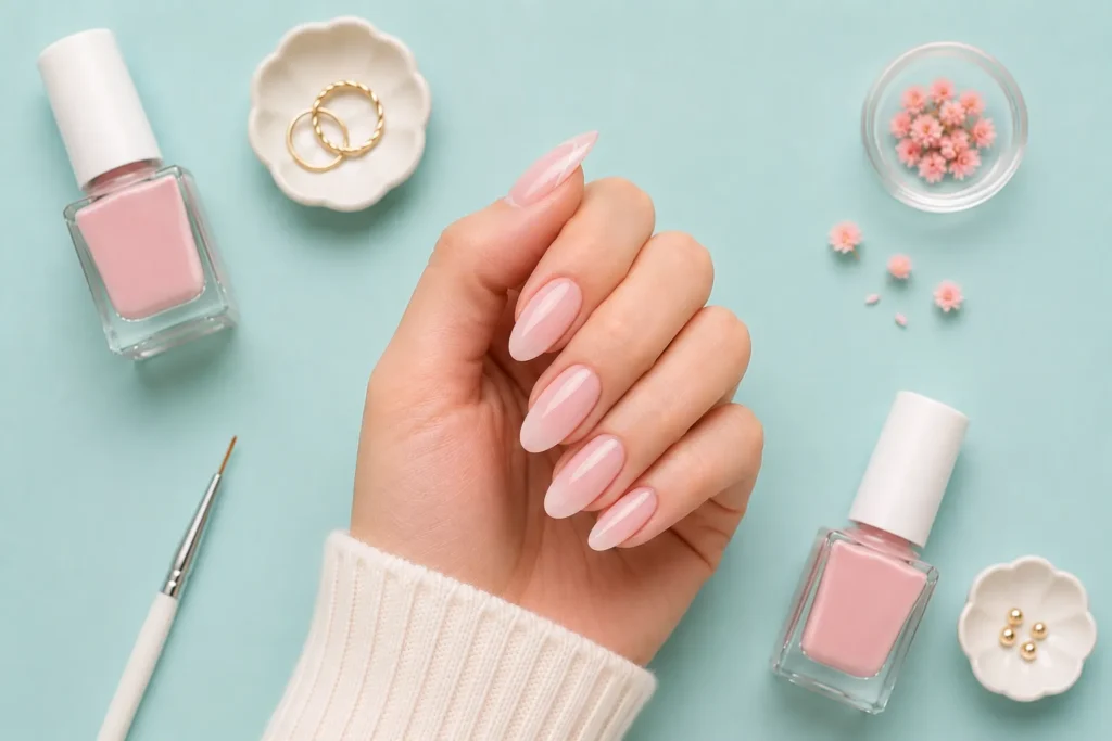 classic sheer pink almond nail design