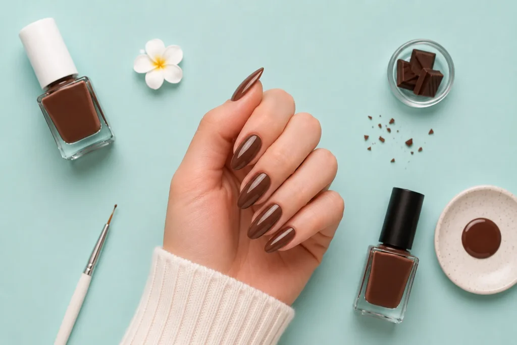 chocolate brown almond nail design